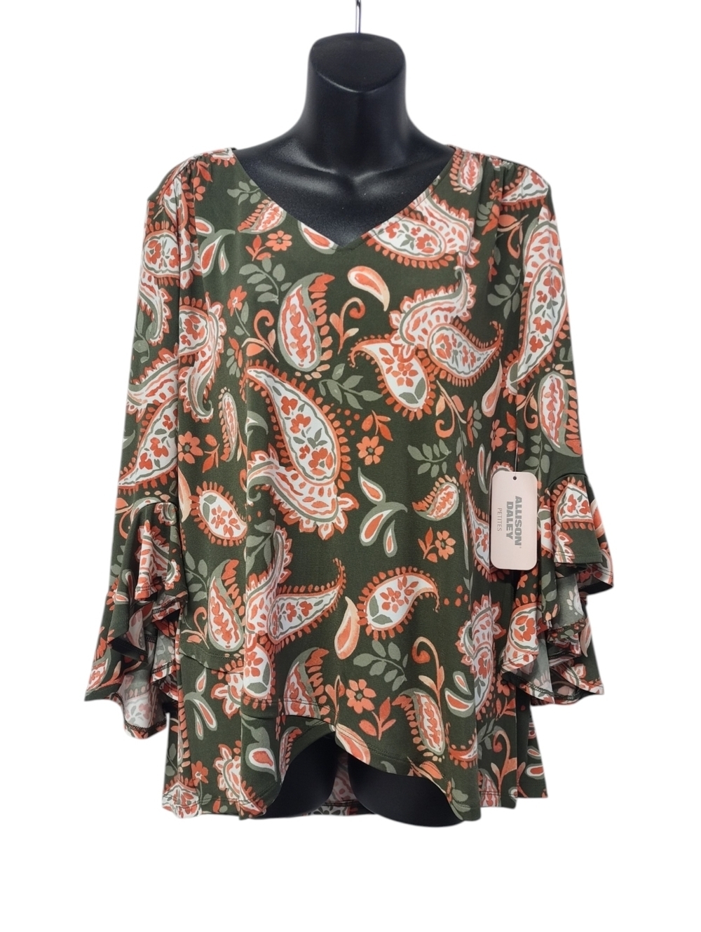 NWT Allison Daley Petites PM Green Orange Paisley V-Neck Ruffle Sleeve Blouse - Picture 1 of 8